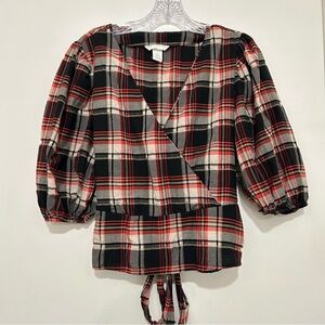 H&M Plaid Puff Sleeve Faux Wrap Dark Academia Peplum Top Blouse Red Black Size 6